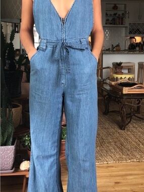 Free People Light Blue Denim Tie-Waist Jumpsuit